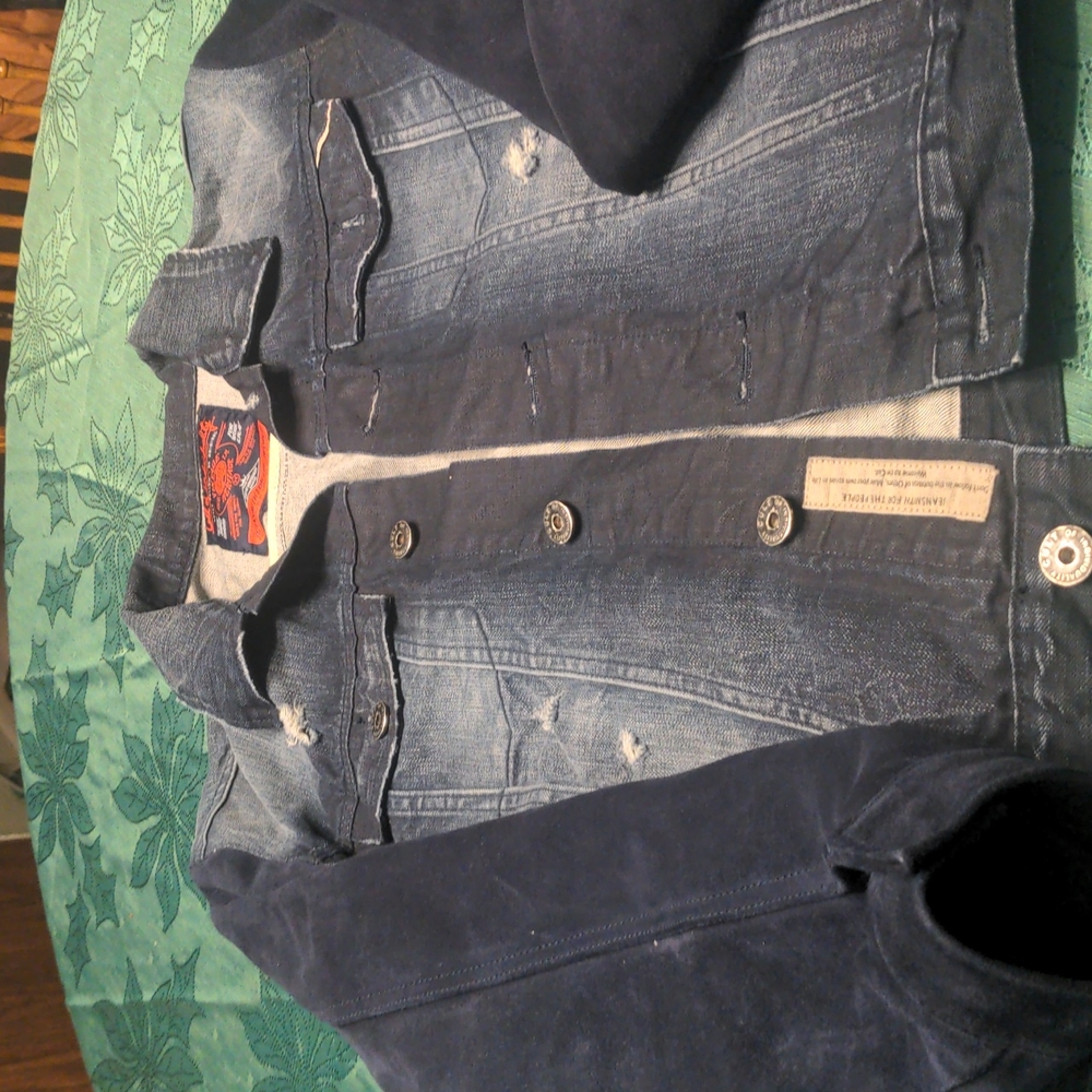 Cult of individuality blue jean jacket with blue suede sleeves
